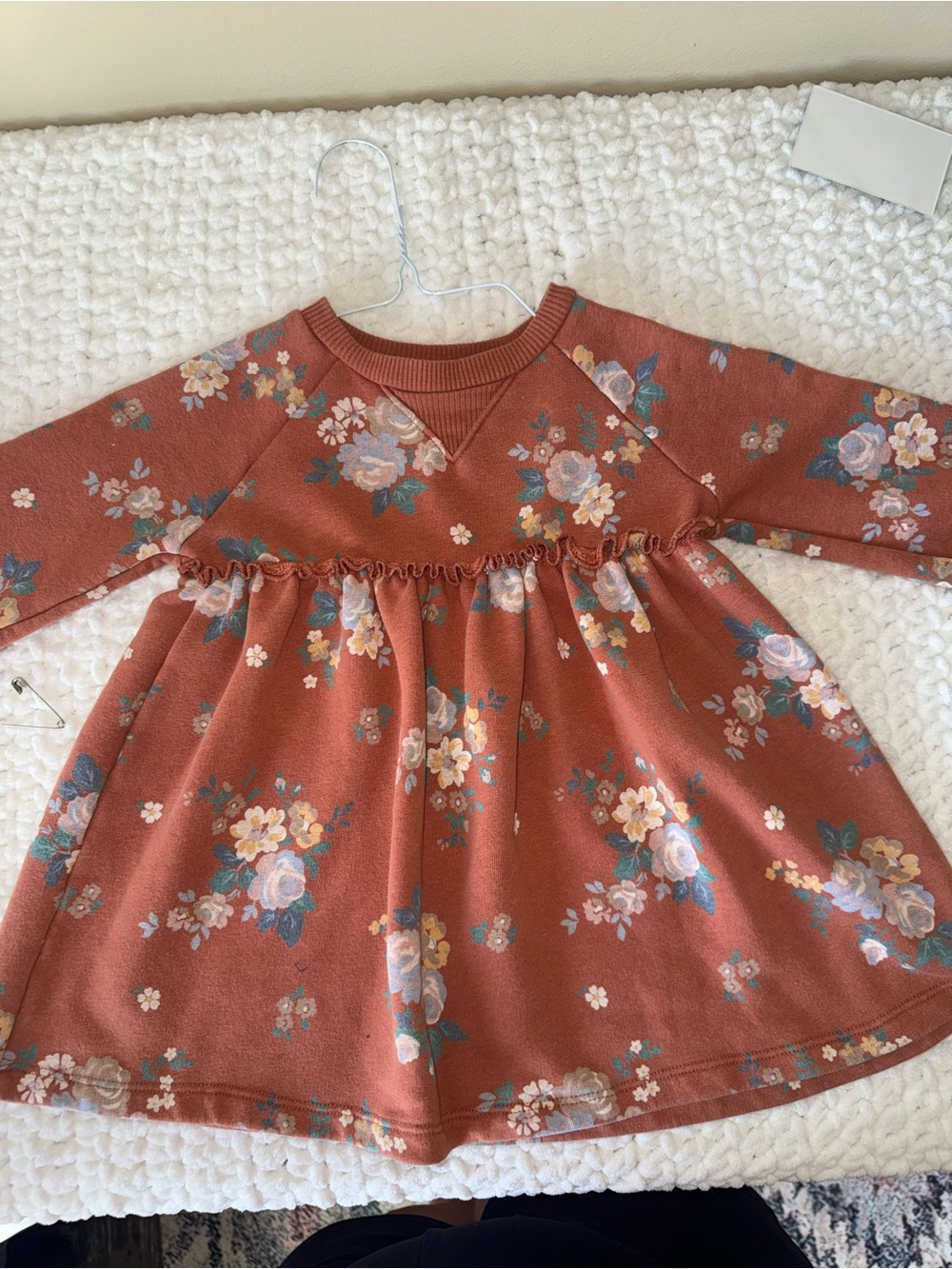 Rust Floral Long-Sleeve Ruffle Waist Kids Dress